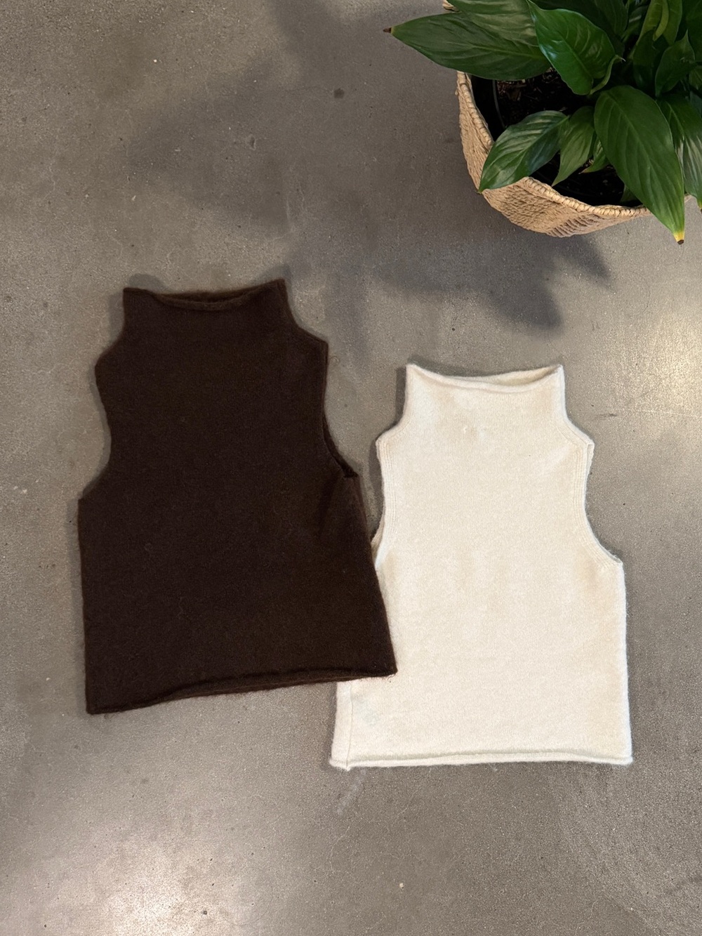 H&M Mock Neck Fuzzy Tanks chocolate and cream basics